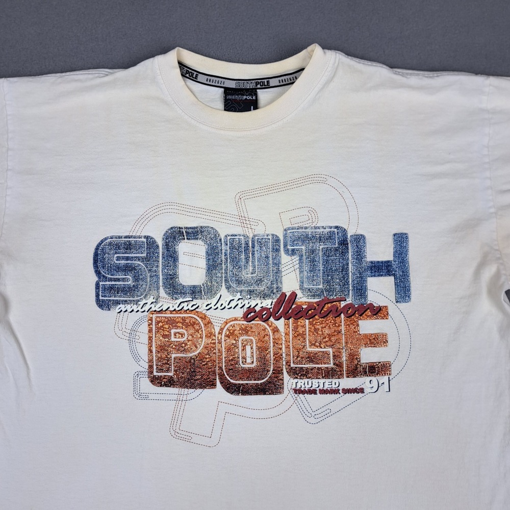Y2K Vintage Southpole Shirt Mens Large Cream Puffy Print Graphic Short Sleeve